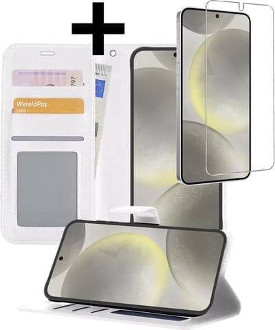 Hoesje - Met Screenprotector - Geschikt voor Samsung Galaxy S24 - Luxe Pasjeshouder - Bookcase Portemonee - Flip Case - Kunstleer Book Case - Flipcase - Book Cover - Walletcase - Portemonneehoes - Telefoonhoesjes - Wit