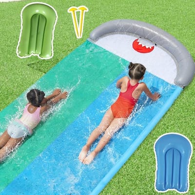 Waterglijbaan met Bodyboards - Dubbele glijbaan Tuin - Zomerpret voor kinderen - Ingebouwde sproeifunctie - 550 x 145 cm - Meerkleurig
