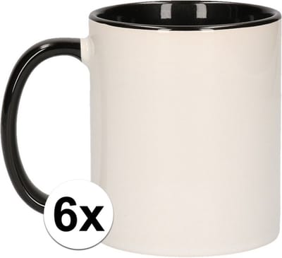 Koffiemok / thee beker - 6x - 300 ml - Wit/zwart - Cadeau mokken - keramiek