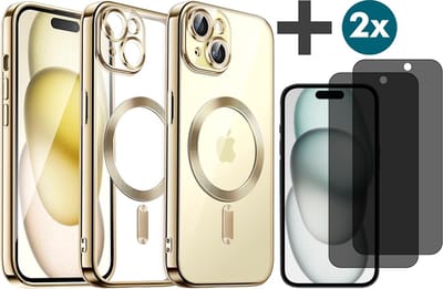 Hoesje met Privacy Screenprotectors 2 Stuks Geschikt voor iphone 15 Hoesje - Geschikt voor MagSafe - Arara siliconen Backcover - Goud