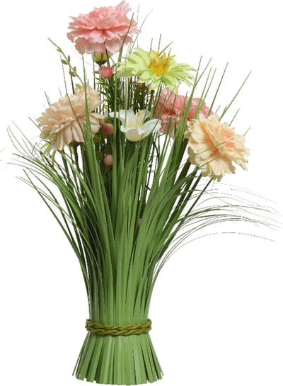 Everlands Kunstgras boeket bloemen - anjers - roze tinten - H40 cm