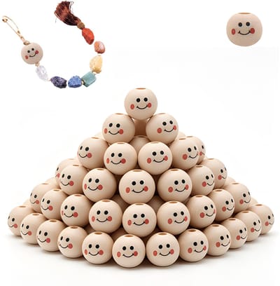 Houten kralen met gezicht, houten ballen met gezicht, 12 mm, houten koppen voor zorgenwormen, gelukswormen, houten ballen met gat, natuurlijke houten kralen voor doe-het-zelf sieraden