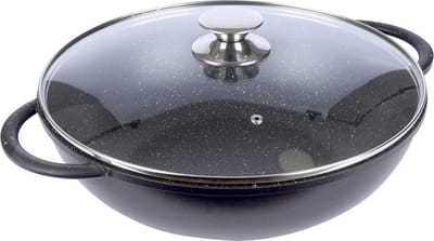 Wokpan Graniet met Glazen Deksel GRANDE 32 cm - Koekenpan - Diepe Braadpan - Aziatische Kookpan