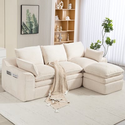 Modulaire 3-zits corduroy bank (met voetenbank) – incl. kussens en 2 zijvakken, 3-laags schuim + veringkern voor snelle terugvering. Vrij combineerbaar – ideaal voor woonkamers, kantoren en meer. Beige