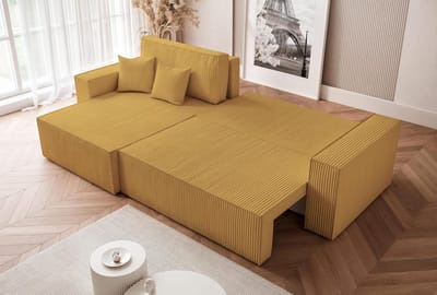 Slaapbank Hoekbank L-vorm 276 x 145 x 79 cm met Slaapfunctie en Opbergruimte – Corduroy Bank met Bedlade 232 x 125 cm – 3-zits Comfortabele Bankbed met Flexibele Ottomaan – Kleur Bruin – Laura