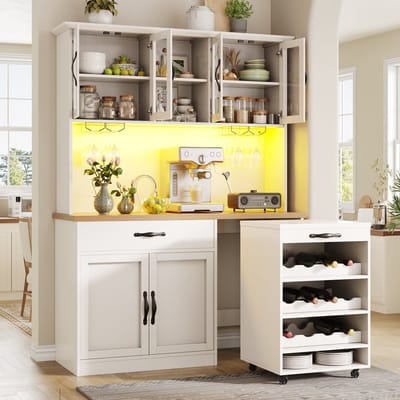 Keukenkast op wieltjes - hoge kast met LED-verlichting - voorraadkast met wijnglashouder en wijnrek - buffetkast voor de eetkamer