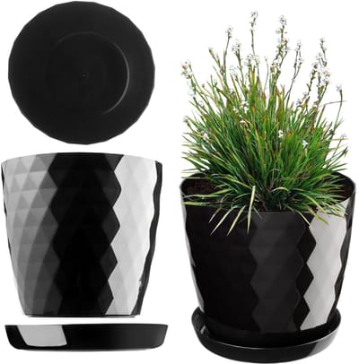 KADAX Bloempot met Schotel, Plantenpot voor Bloemen, Planten, Kruidenplanten, binnen, Plantenbak van Kunststof, decoratieve Pot, Planter (16 cm, zwart)