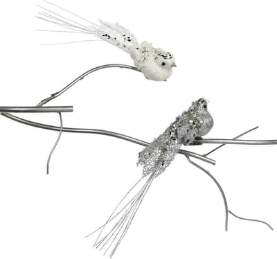 Goodwill Kerstbal-Vogel op klip Wit-Zilver Lengte 23 cm  Voordeelaanbod assortiment van 2 stuks