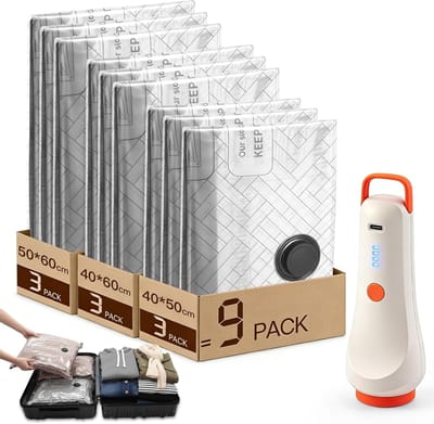 SnelShoppen - Reisvacuümzakken voor kleding met draadloze pomp - 9-delige vacuümverpakkingsset (3x40x50cm, 3x40x60cm, 3x50x60cm) - Elektrische vacuümp