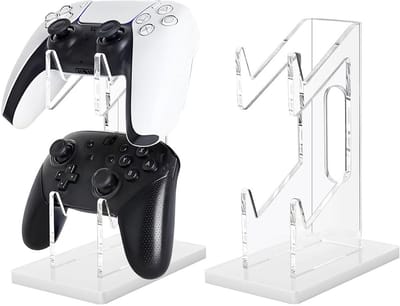 Gamecontrollerstandaard, 2 niveaus - Universele standaard voor twee controllers - Hoofdtelefoonstandaard - Witte acryl displaystandaard - Bureaustandaard - Transparant