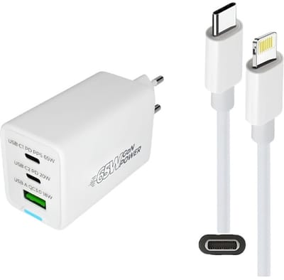 OneOne 50W super snellader met 3 poorten. Oplader met sterke 1,2m USB C naar Lightning kabel. PPS GAN PD lader adapter past op Apple iPhone 11 Pro, iPhone 11 Pro Max, iPhone 12, iPhone 12 Mini, iPhone 12 Pro, iPhone 13 Pro Max