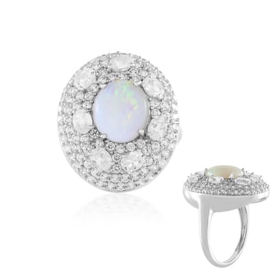 Cavill - Damesring Zilver 925 Sterling Platina - Australische Ovale Opaal Cabochon 1,58 ct - Zirkonia 3,43 ct - Elegant Uniek Design