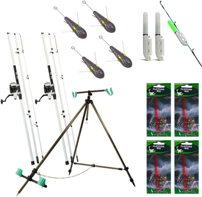 FISH-XPRO Beach Set Luxe - Complete Strandvisset met 2 Strandhengels, 2 Molens, Vislijn, Flatfish Rigs, Ankerlood, Strandsteun en Foedraal voor Strandvissen en Piervissen