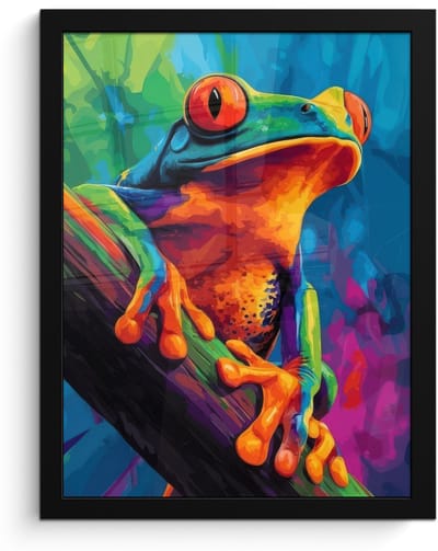 Poster in lijst - Fotolijst 30x40 cm - Posters - Kikker - Felgekleurd - Tak - Regenboog - Posterlijst zwart - Decoratie - Wanddecoratie woonkamer - Muurdecoratie slaapkamer