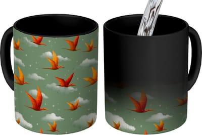 Magische Mok - Foto op Warmte Mokken - Koffiemok - Dinosaurussen - Wolken - Sterren - Oranje - Magic Mok - Beker - 350 ML - Theemok