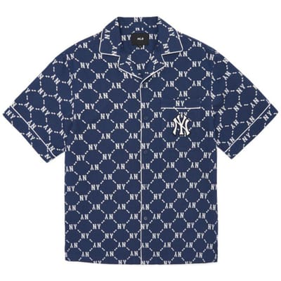 MLB New York Yankees Basis Logo Jacquard Diamantpatroon Losse Pasvorm Enkele Rij Knopen Casual Korte Mouw Shirt Unisex shirts Marineblauw 3AWSM0223-50NYL XS blue