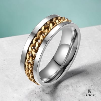 Leerella RVS Unisex Ring met Ketting Inleg Zilverkleurig-Goudkleurig Maat 7/17,4mm – Roestvrij Staal Ring Heren & Dames – 4 Kleuren