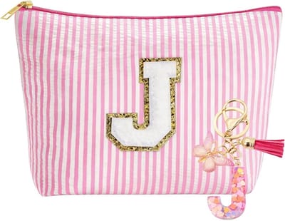 Make-up Tas met Sleutelhanger en Initialen, Persoonlijke Cadeaus voor Moeders, Vriendinnen en Zussen, Modern en Elegant met Roze Strepen Design