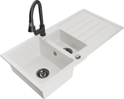 Mexen Andres granieten gootsteen 1,5-kamer met afdruiprek en keukenmengkraan Elia, wit - 6515-20-670101-70
