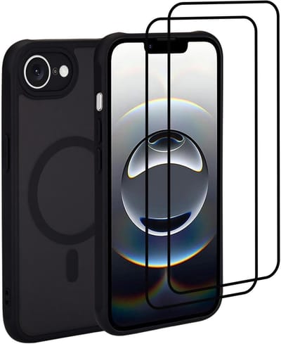 Casemania Hoesje en Glas Geschikt voor Apple iPhone 16e - Zwart - Matte Armor Back Cover - Geschikt voor MagSafe - 2x Glazen Screenprotector