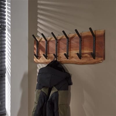 PS-Collection Edge 2x6 Haken Kapstok - 100x12x30cm - Naturel - Acacia/Metaal - wandkapstok, kapstok staand, kapstok wandkapstok, kapstokken, kapstok hangend, kapstok zwart
