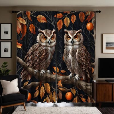Ensemble de 2 pièces Rideau décoratif HD branches sur le hibou Rideau imprimé numérique à nouer noir Décoration de style décoration de maison vivant W52H63inchW132H160cm brown