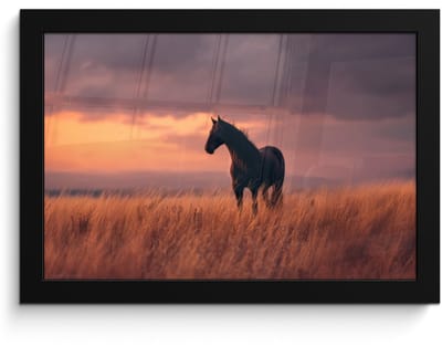 Poster in lijst - Fotolijst 30x20 cm - Posters - Paard - Wolken - Open veld - Posterlijst zwart - Decoratie - Wanddecoratie woonkamer - Muurdecoratie slaapkamer