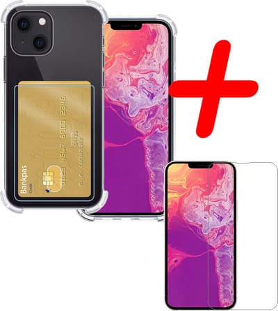 Hoesje Geschikt voor Apple iPhone 14 - Met Screenprotector - En Pashouder - En Kaarthouder - Telefoon Hoes Shockproof - Siliconen Case - Back Cover - Shock Proof - Pasjes Houder - Transparant