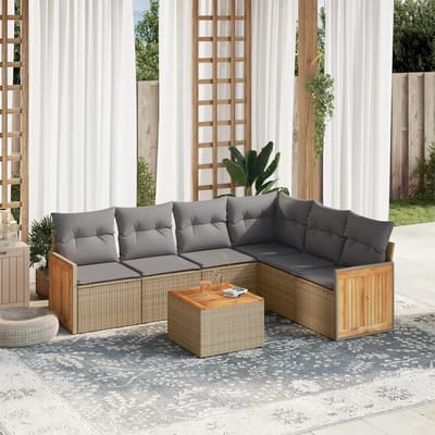 vidaXL - 7-delige - Loungeset - met - kussens - poly - rattan - beige