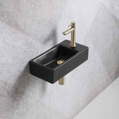 Fonteinset Mia 40.5x20x10.5cm mat zwart rechts inclusief fontein kraan, sifon en afvoerplug mat goud