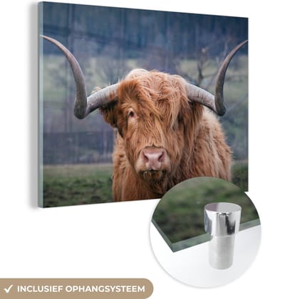 MuchoWow® Glasschilderij 160x120 cm - Schilderij acrylglas - Schotse Hooglander - Hoorns - Berg - Foto op glas - Schilderijen