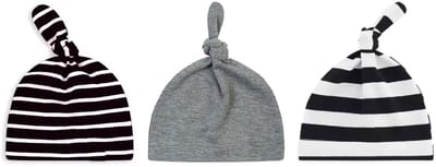 3 pack - Newborn Babymutsjes met Knoop - Zwart Wit Strepen Set