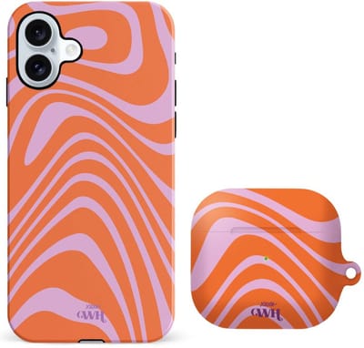 xoxo Wildhearts telefoonhoesje geschikt voor iPhone 16 met AirPods 3 hoesje - set - Boogie Wonderland Orange - Double Layer - Telefoonhoesje met dubbele beschermlaag - Hoesje met golvend patroon - Golven - Oranje met Paars