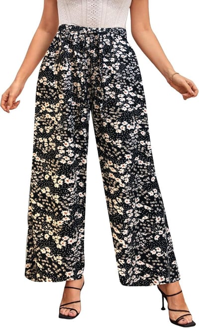 Starry Indigo - Dames Lange Culotte | Wijde Zomer Broeken | Wide-leg Trousers | Zwart | Bloemen | Maat 38
