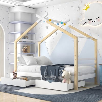 MEUNIQ kinderbed huisbed 90x200 cm met 2 lades en lattenbodem, grenenhout en MDF, laag bedframe voor kinderkamer of tienerkamer, wit en naturel