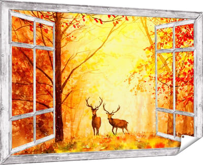 Gards Tuinposter Doorkijk Getekende Herten in het Bos - Herfst - 180x120 cm - Tuindoek - Tuindecoratie - Wanddecoratie buiten - Tuinschilderij