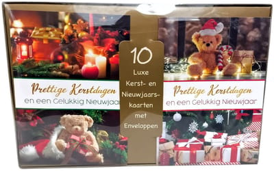 10 Luxe Kerstkaarten / Nieuwjaarskaarten met Enveloppen – Prettige Kerstdagen en een Gelukkig Nieuwjaar – Warm Feestelijk Ontwerp met Knuffelbeer & Cadeaus