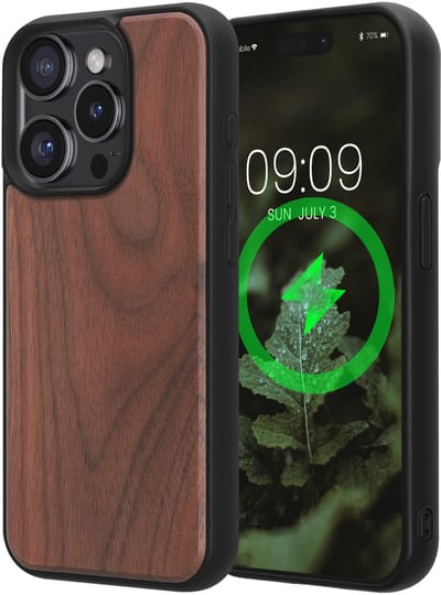 kwmobile Echt Houten Beschermhoes voor Apple iPhone 15 Pro – Hout & TPU Cover – donkerbruin walnoothout