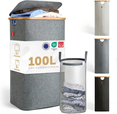 Blumtal Wasmand 100L - Wasmand met uitneembare waszak - Smalle wasmand - Flesverzamelaar - Wasmand met deksel - Grijs