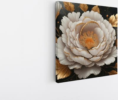 Saammp Canvas Schilderij - Witte Bloem - Goud - Zwart - Abstract - 20x20 - Foto op canvas - Wanddecoratie - Muurdecoratie Woonkamer - Kantoor Decoratie