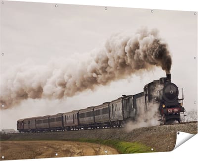 Gards Tuinposter Locomotief Trein met Rook Wolken - 180x120 cm - Tuindoek - Tuindecoratie - Wanddecoratie buiten - Tuinschilderij