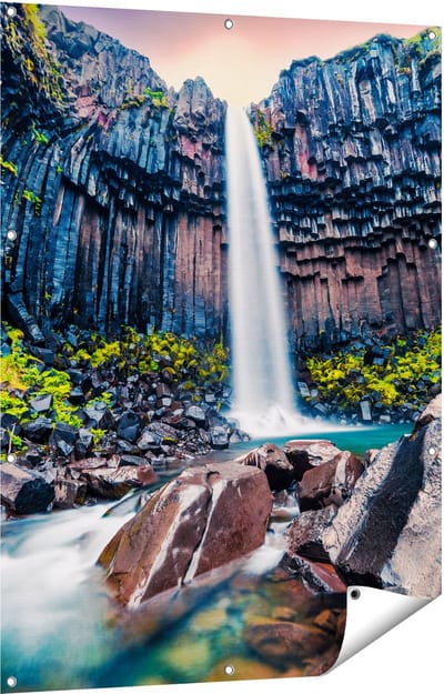 Gards Tuinposter Waterval in IJsland - 90x120 cm - Tuindoek - Tuindecoratie - Wanddecoratie buiten - Tuinschilderij