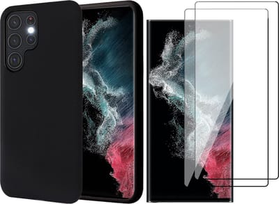 Hoesje geschikt voor Samsung Galaxy S22 Ultra - Matte Back Cover Microvezel Siliconen Case Hoes Zwart - 2x Full Tempered Glass Screenprotector