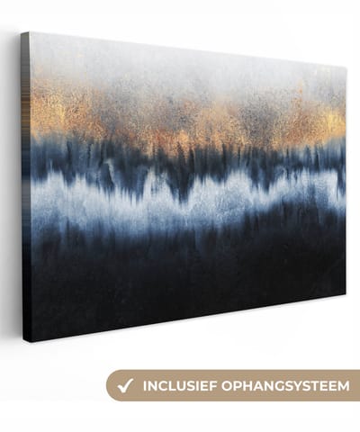Canvas schilderij 30x20 cm - Wanddecoratie Abstract - Goud - Luxe - Blauw - Muurdecoratie woonkamer - Slaapkamer decoratie - Kamer accessoires - Schilderijen op canvas