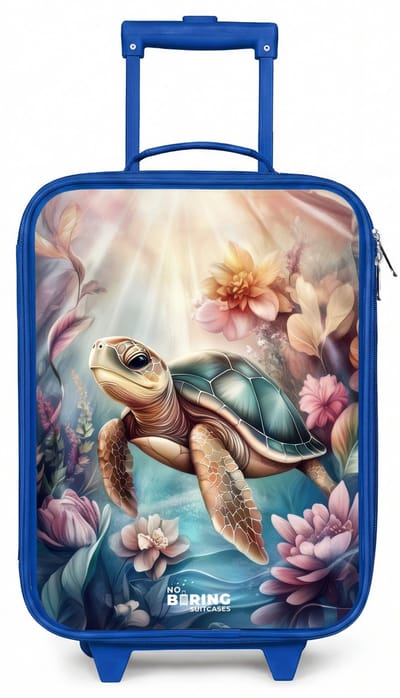 NoBoringSuitcases.com® - Kinderkoffer blauw - Kindertrolley jongen - Zeeschildpad tussen bloemen onder water - Koffer kind lichtgewicht - Reiskoffer trolley voor kinderen - Koffertje met lichtgevende wieltjes - Rolkoffer