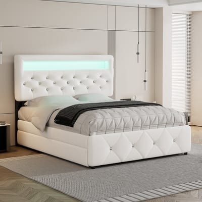 SINGULARITY-Gestoffeerd bed 140 x 200 cm (90 x 190 cm)- tweepersoonsbed- platformbed met uitschuifbaar bed en 2 lades- nachtkastje met lichtbalk- wit- zonder matras