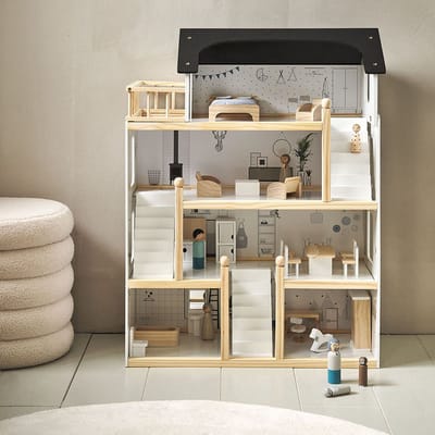 Petite Amélie Houten Poppenhuis - Zwart, grijs en wit - H.80 cm - Incl. 19 Poppenhuis Meubels – Voor een moderne speelwereld vol avonturen