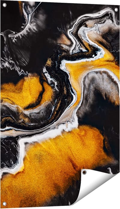 Gards Tuinposter Abstracte Kunst van Zwarte Gouden Verf - 60x90 cm - Tuindoek - Tuindecoratie - Wanddecoratie buiten - Tuinschilderij