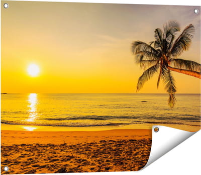 Gards Tuinposter Tropisch Strand tijdens Zonsondergang - 80x60 cm - Tuindoek - Tuindecoratie - Wanddecoratie buiten - Tuinschilderij