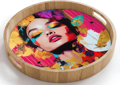 Dienblad rond 40x40 cm - Schootdienblad hout - Vrouw - Abstract - Kleurrijk - Borrelplank rechthoek - Plateau houten dienbladen